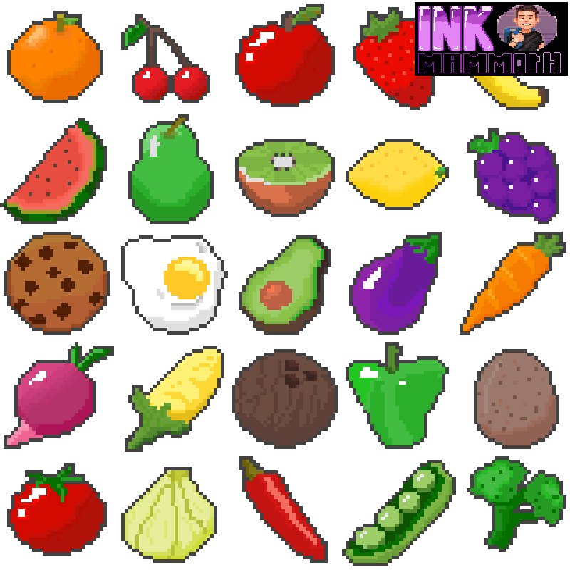 Fruits and Vegetables Pixel Art Icon Pack 