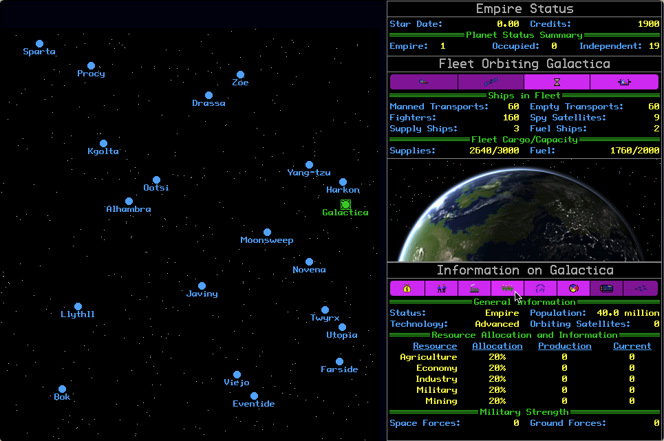 Galactic Conquest screen shot with buttons